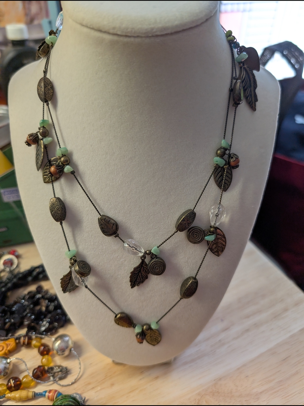Boho Leaf & Bead Layered Necklace - Green Accent